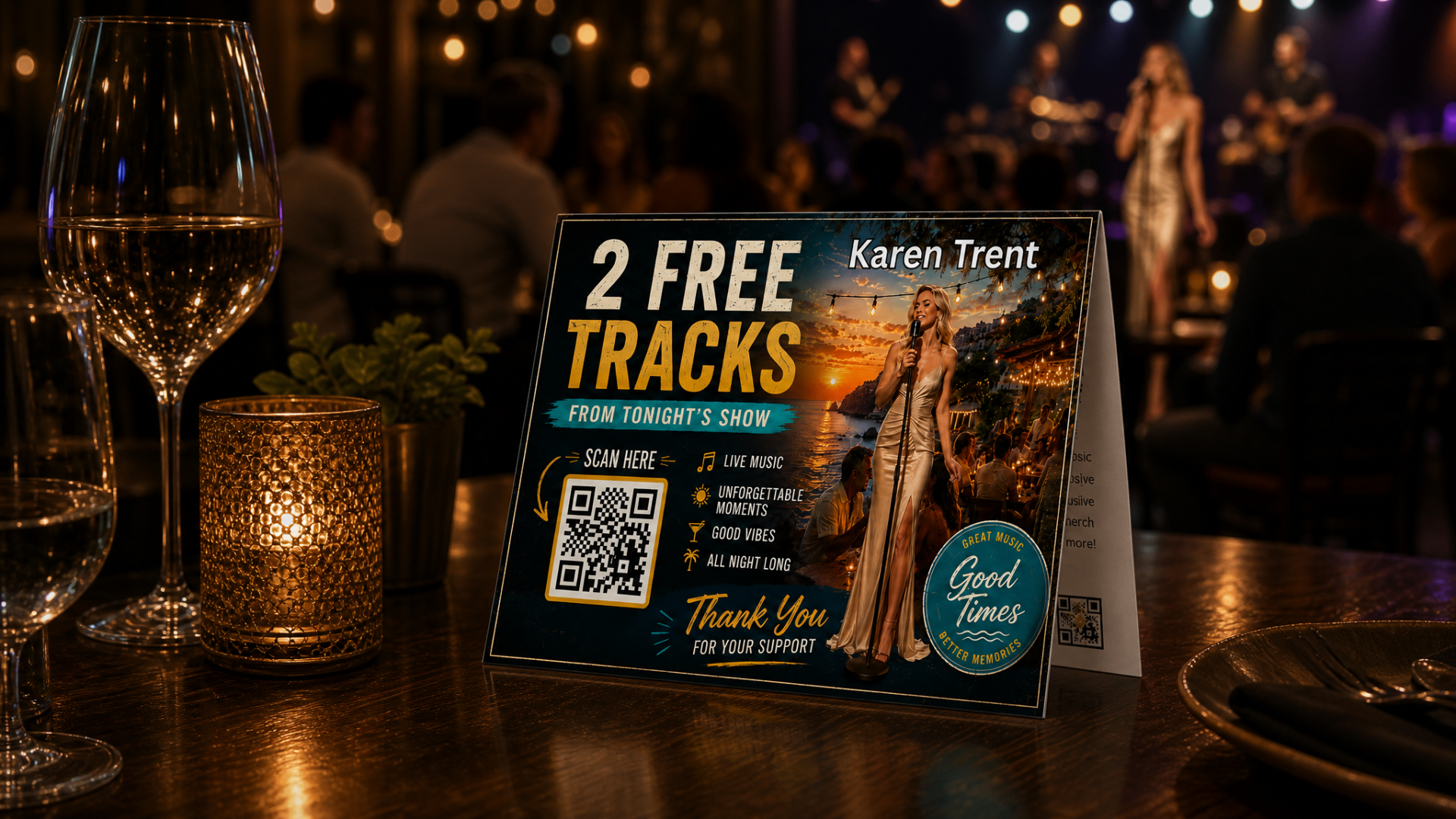 Encore table card on a restaurant table with live singer in background